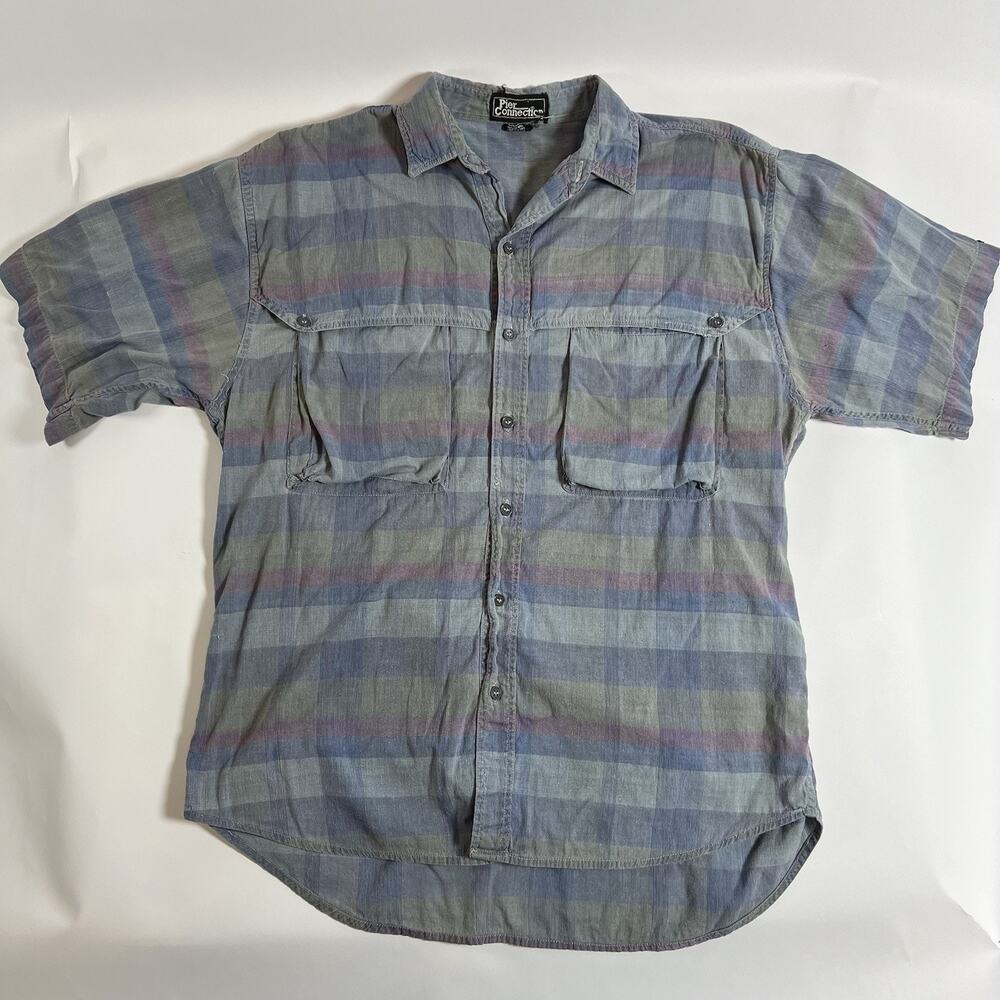 VTG Pier Connection Men's Blue/Gray/Purple Plaid Woven Cotton Button-Up M